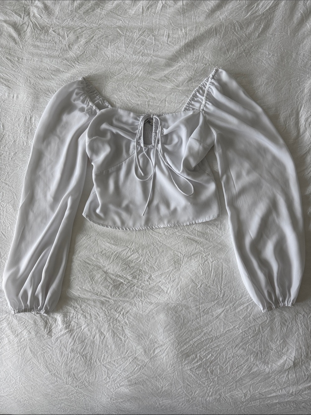 Abercrombie & Fitch White Puff-Sleeve Tie-Front Crop Blouse